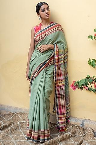 sage green organic cotton striped saree set