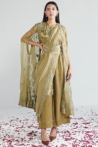 sage green organza embroidered cape set