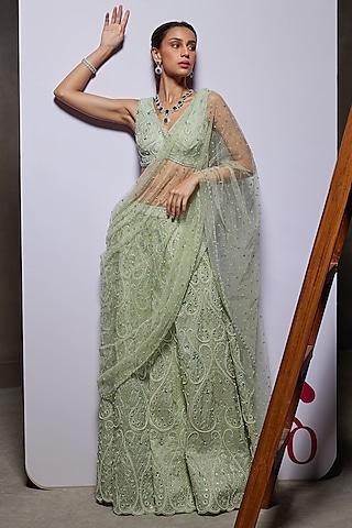 sage green organza sharara saree set