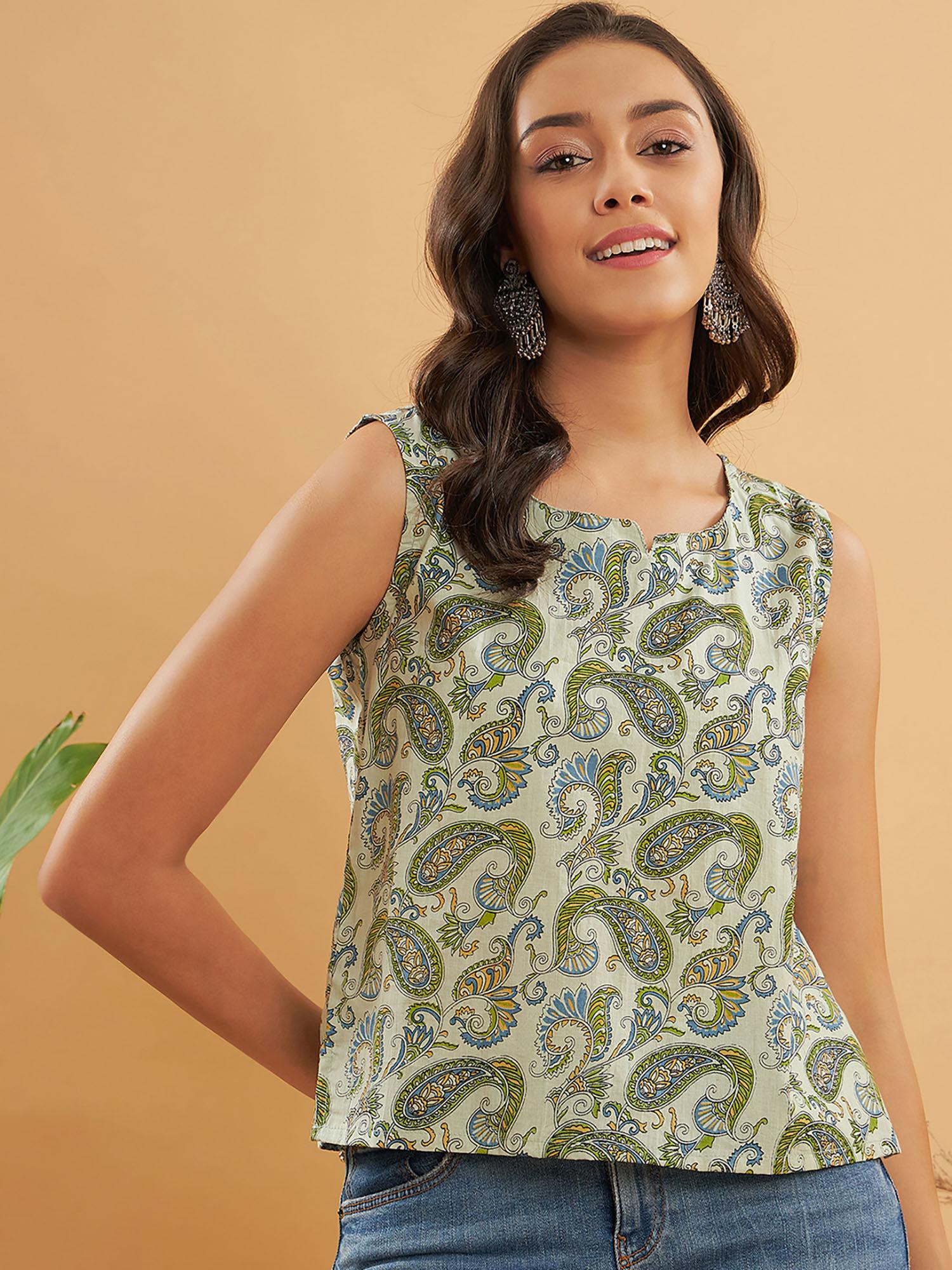 sage green paisley print top