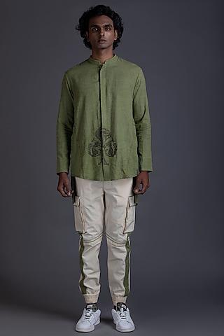 sage green patchwork long line shirt