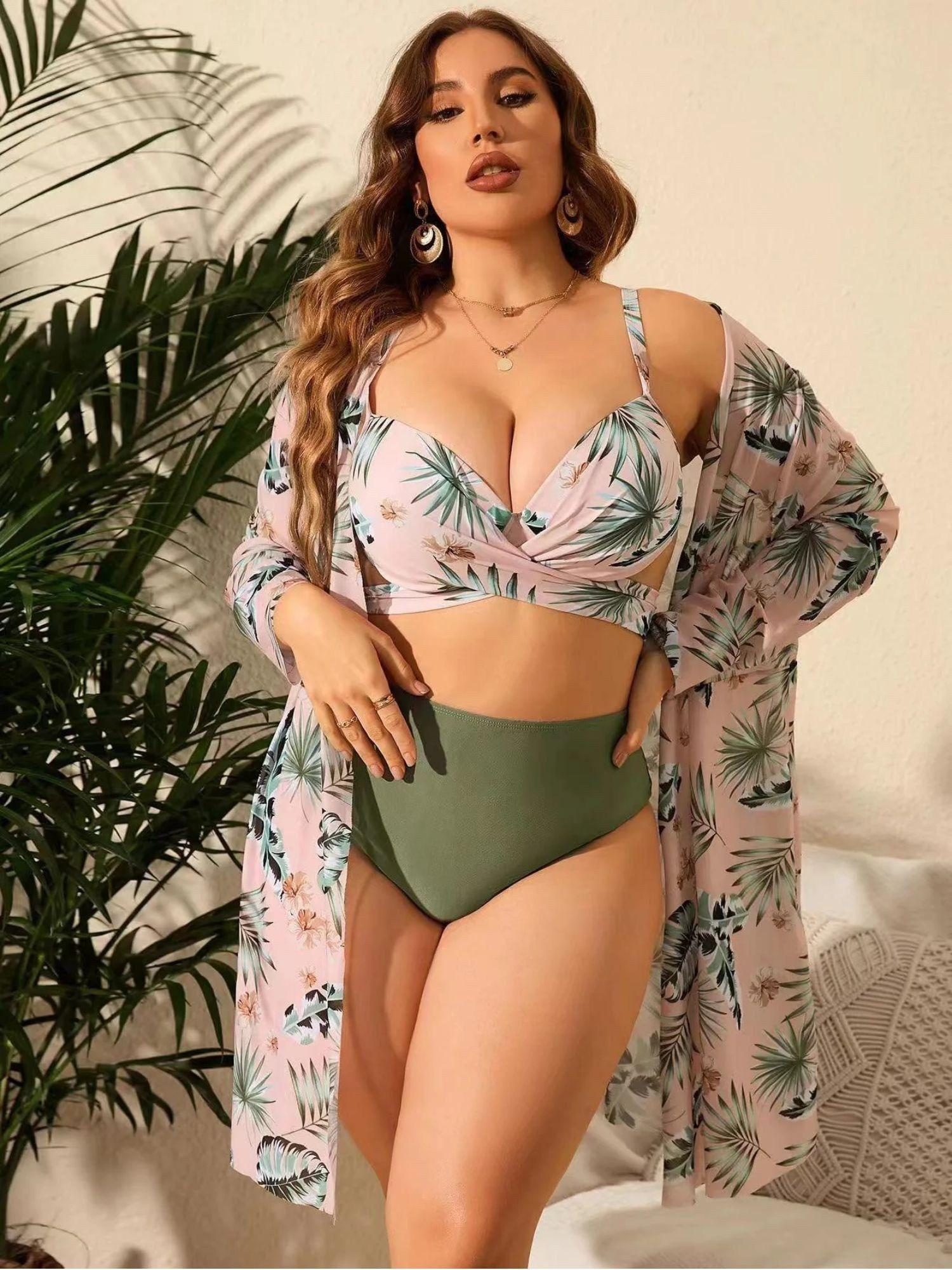 sage green plus size bikini top with bottom and shrug (set of 3)