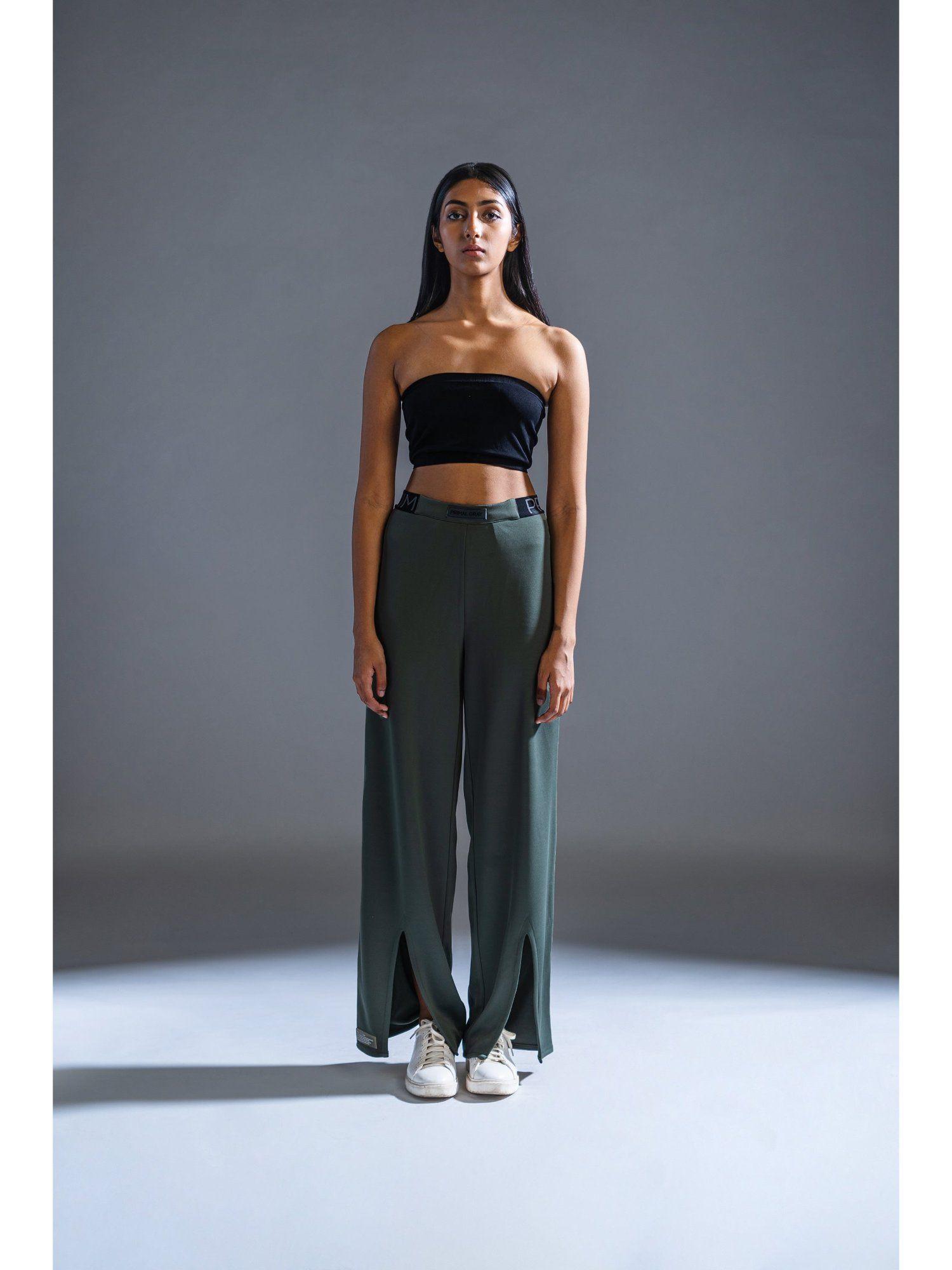 sage green polyester casual wide leg pants