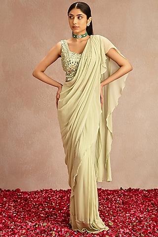 sage green pre-draped saree set
