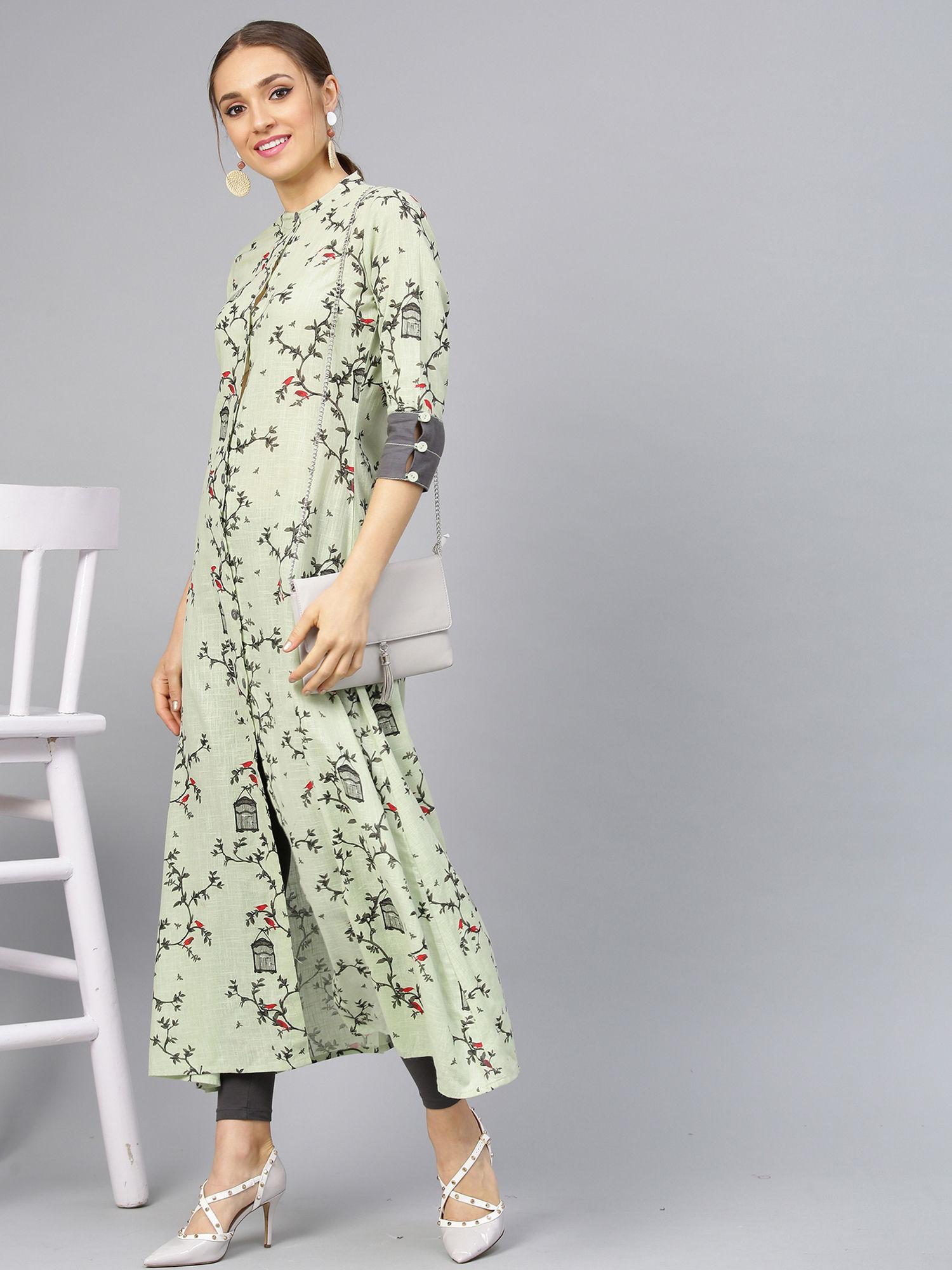 sage green printed a line kurta