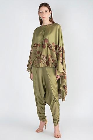 sage green printed high low cape with dhoti pants