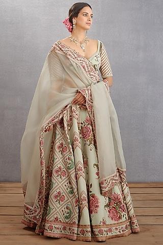 sage green printed lehenga set