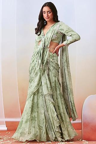 sage green printed pre-stitched saree set