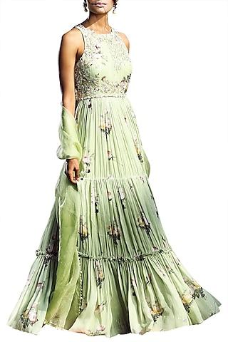 sage green printed tiered anarkali with embellished dupatta