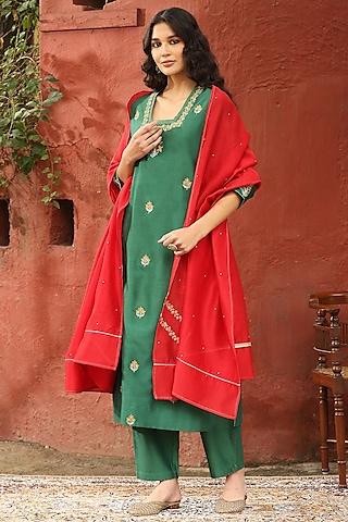 sage green pure chanderi silk motif embroidered kurta set