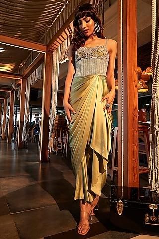 sage green pure satin pearl embroidered draped corset dress