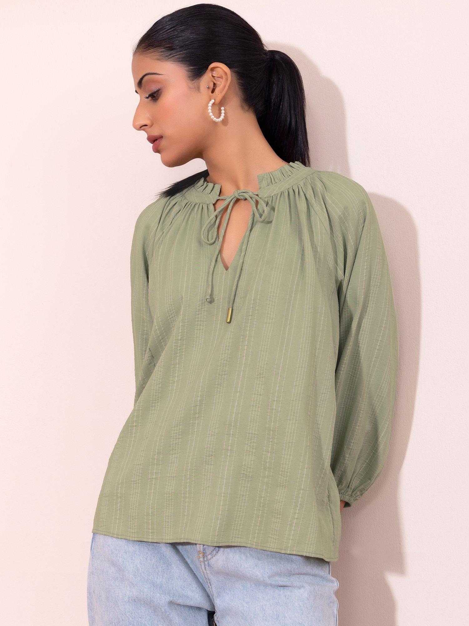 sage green raglan sleeve neck tie blouse