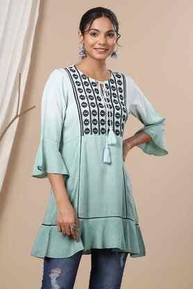 sage green rayon ombre a-line tunic with embroidered yoke - green