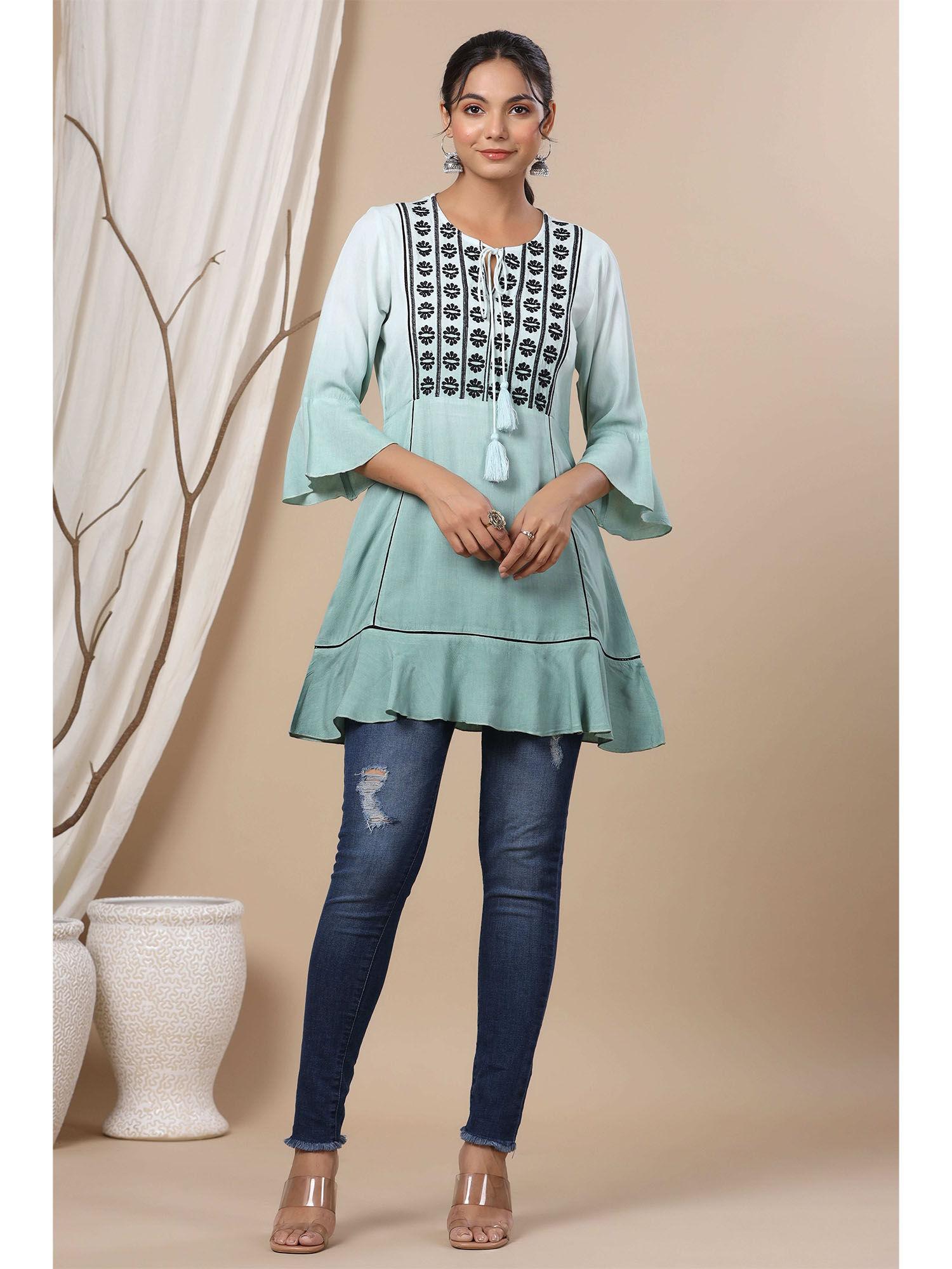 sage green rayon ombre a-line tunic with embroidered yoke