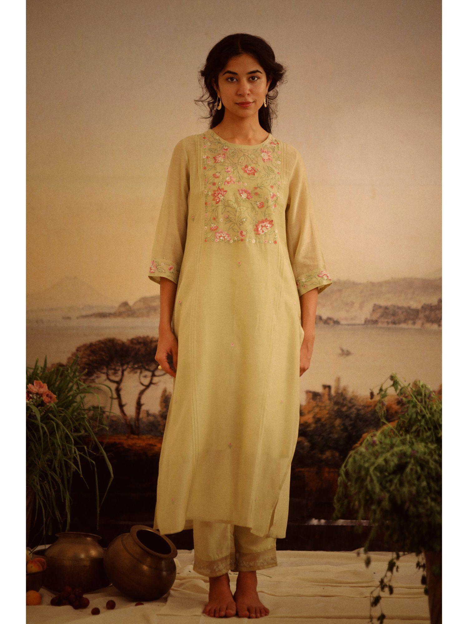 sage green rose garden yoke kurta (set of 3)