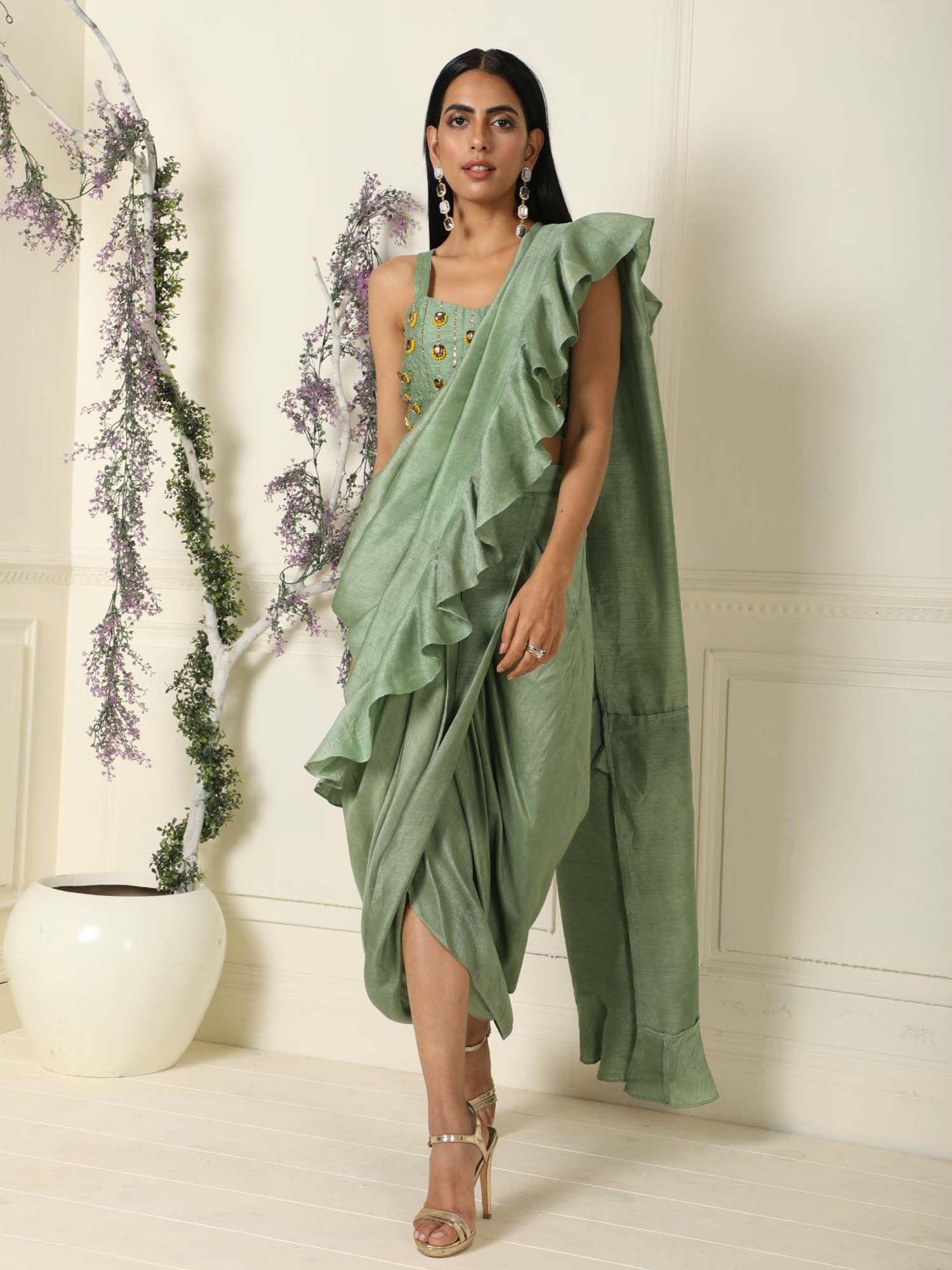 sage green ruffle saree with stitched blouse