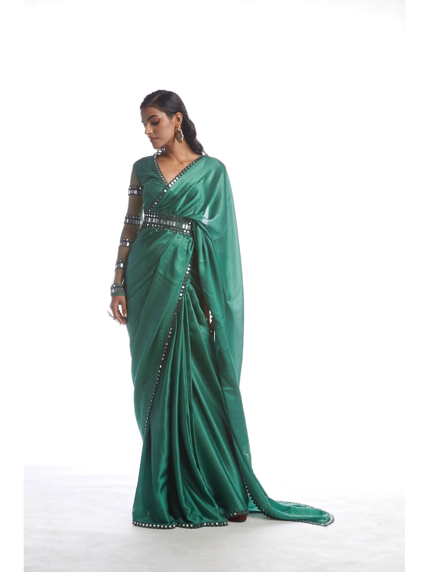 sage green satin chiffon saree with stitched blouse and belt