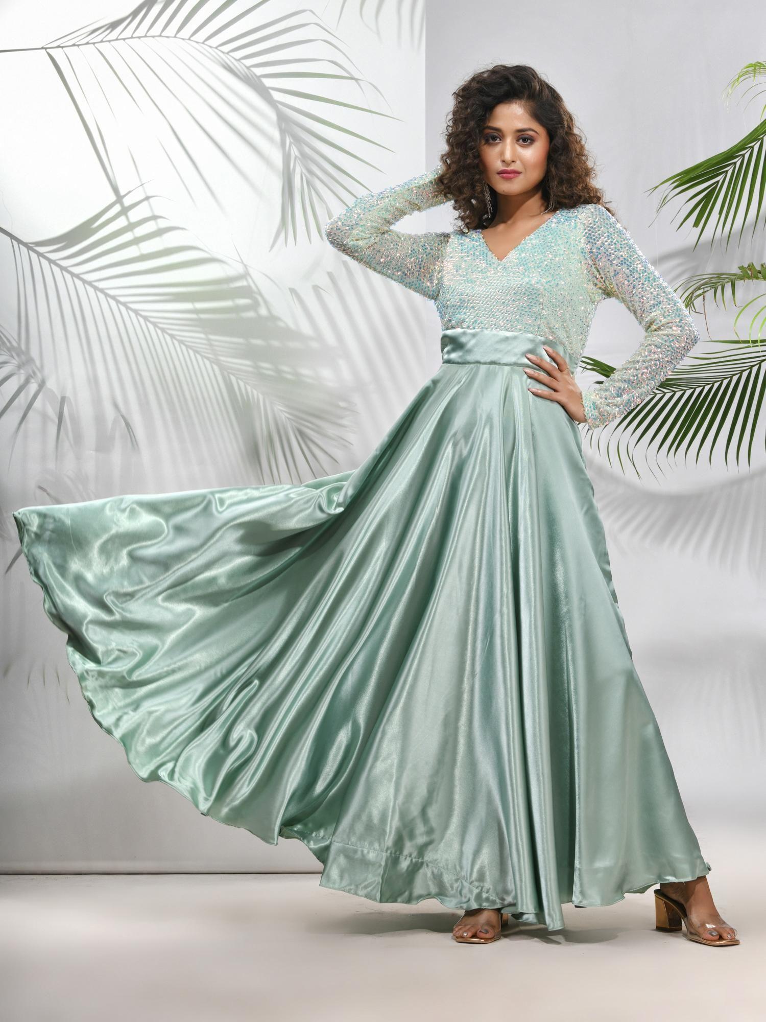 sage green satin gown with sequins work