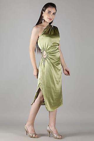 sage green satin one-shoulder dress
