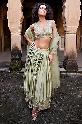 sage green satin silk floral french knot embroidered layered pleated lehenga set