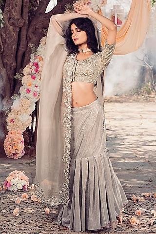 sage green sequins embroidered pleated lehenga set