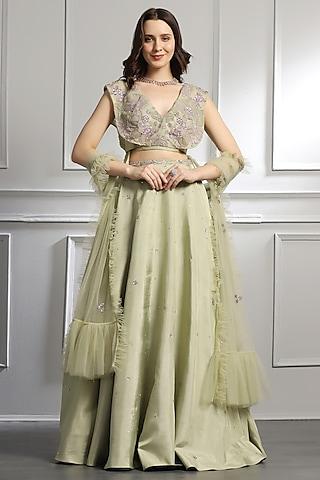 sage green silk & organza hand embroidered lehenga set