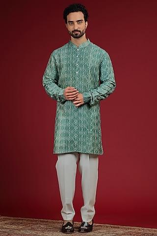 sage green silk blend shibori printed short kurta set