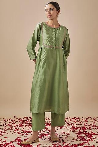 sage green silk chanderi resham & aari embroidered kurta set