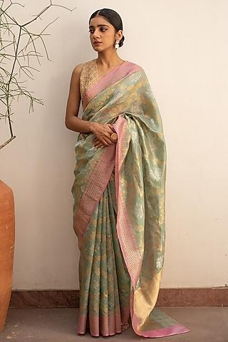 sage green silk chanderi saree set