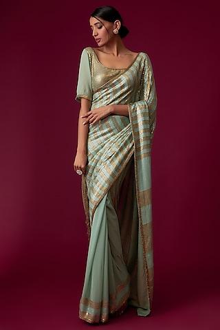 sage green silk chiffon embroidered saree set