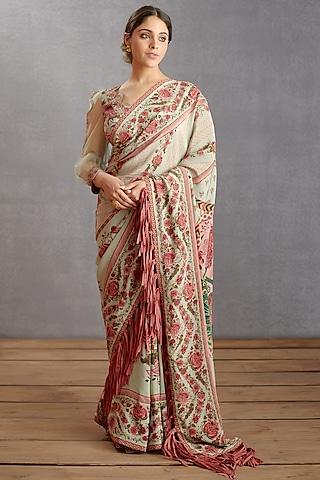 sage green silk crepe chintz printed saree