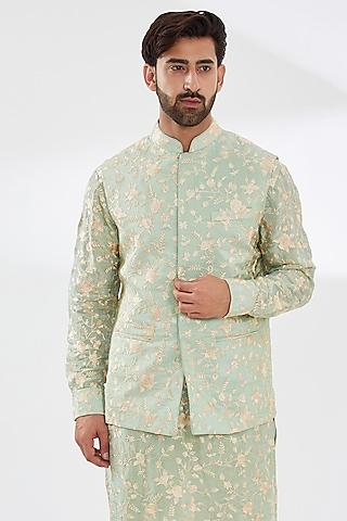 sage green silk embroidered bundi jacket