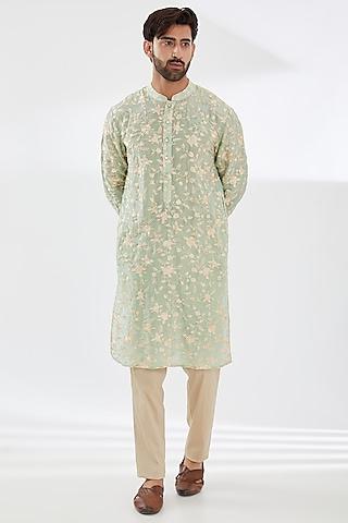 sage green silk embroidered kurta set