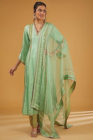 sage green silk hand embroidered kalidar kurta set