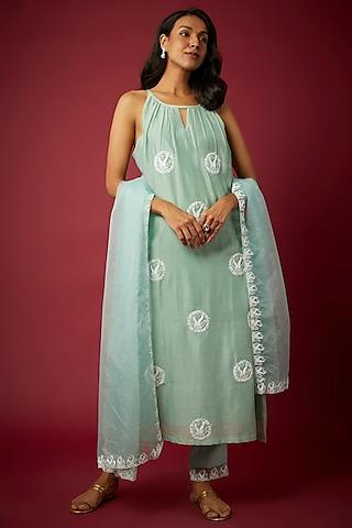 sage green silk machine & hand embroidered kurta set