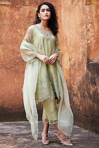 sage green silk organza applique work a-line kurta set