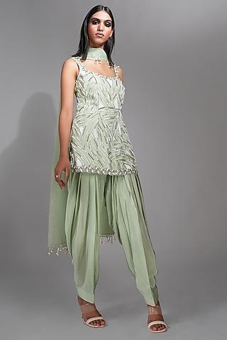 sage green silk pearl hand embroidered kurta set