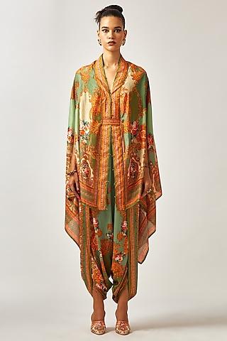 sage green silk printed front open cape