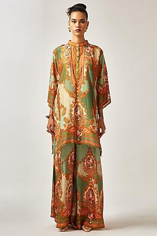 sage green silk printed tunic