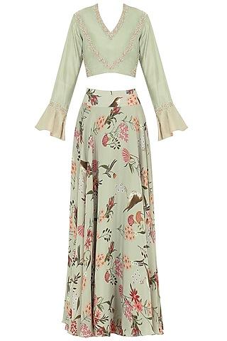 sage green silk top with floral printed skirt