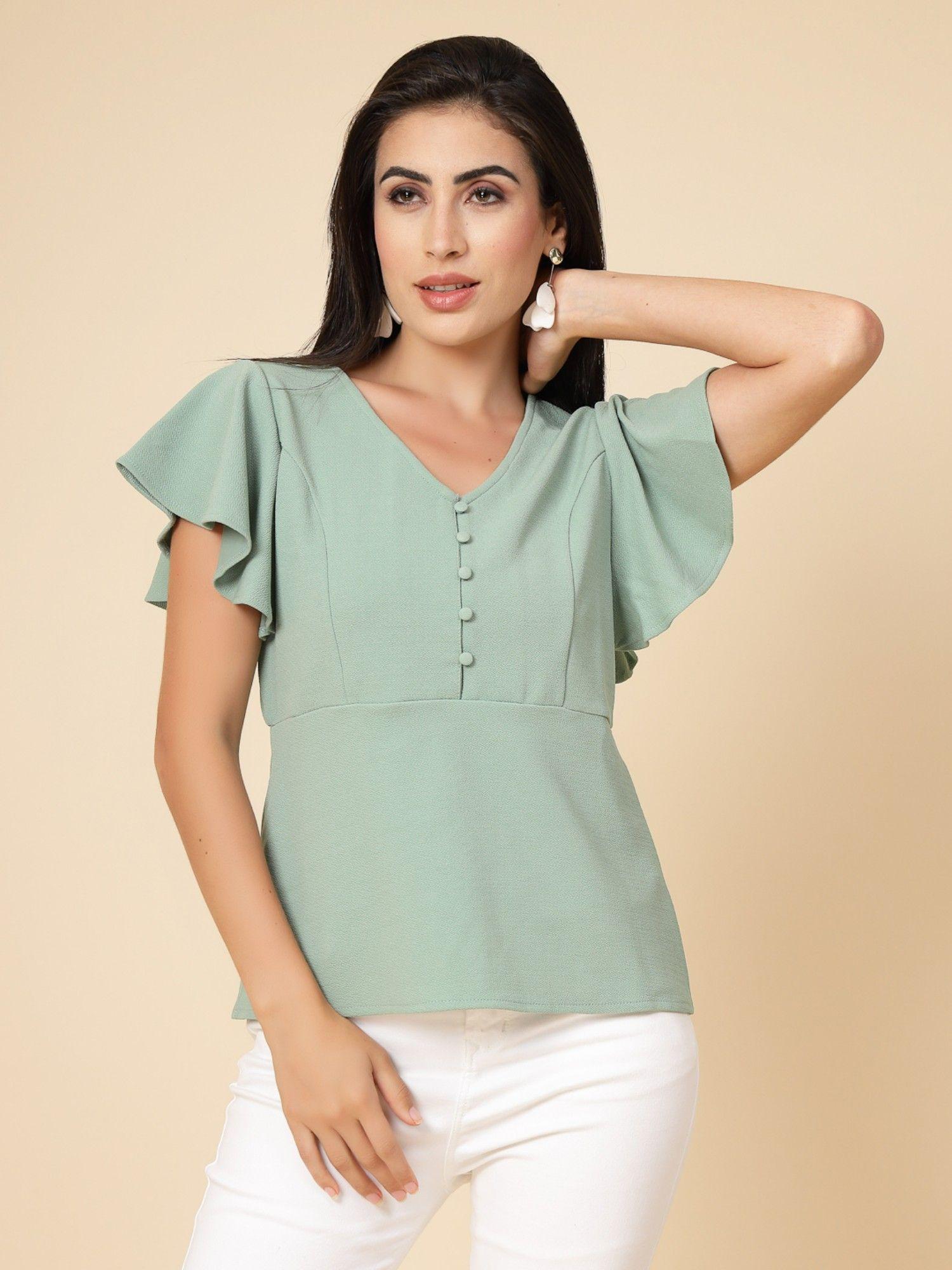 sage green solid polyester top