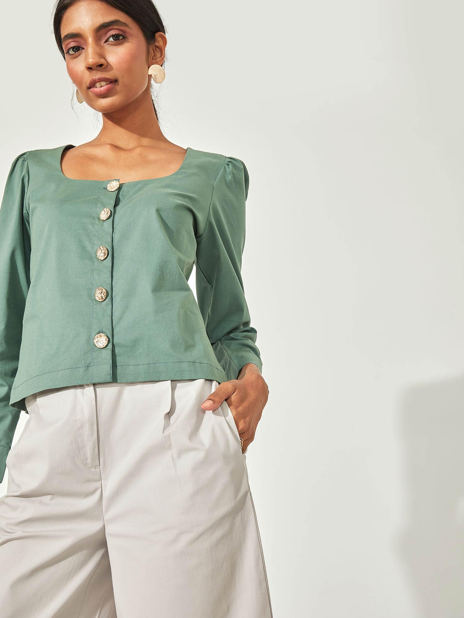 sage green square neck shirt