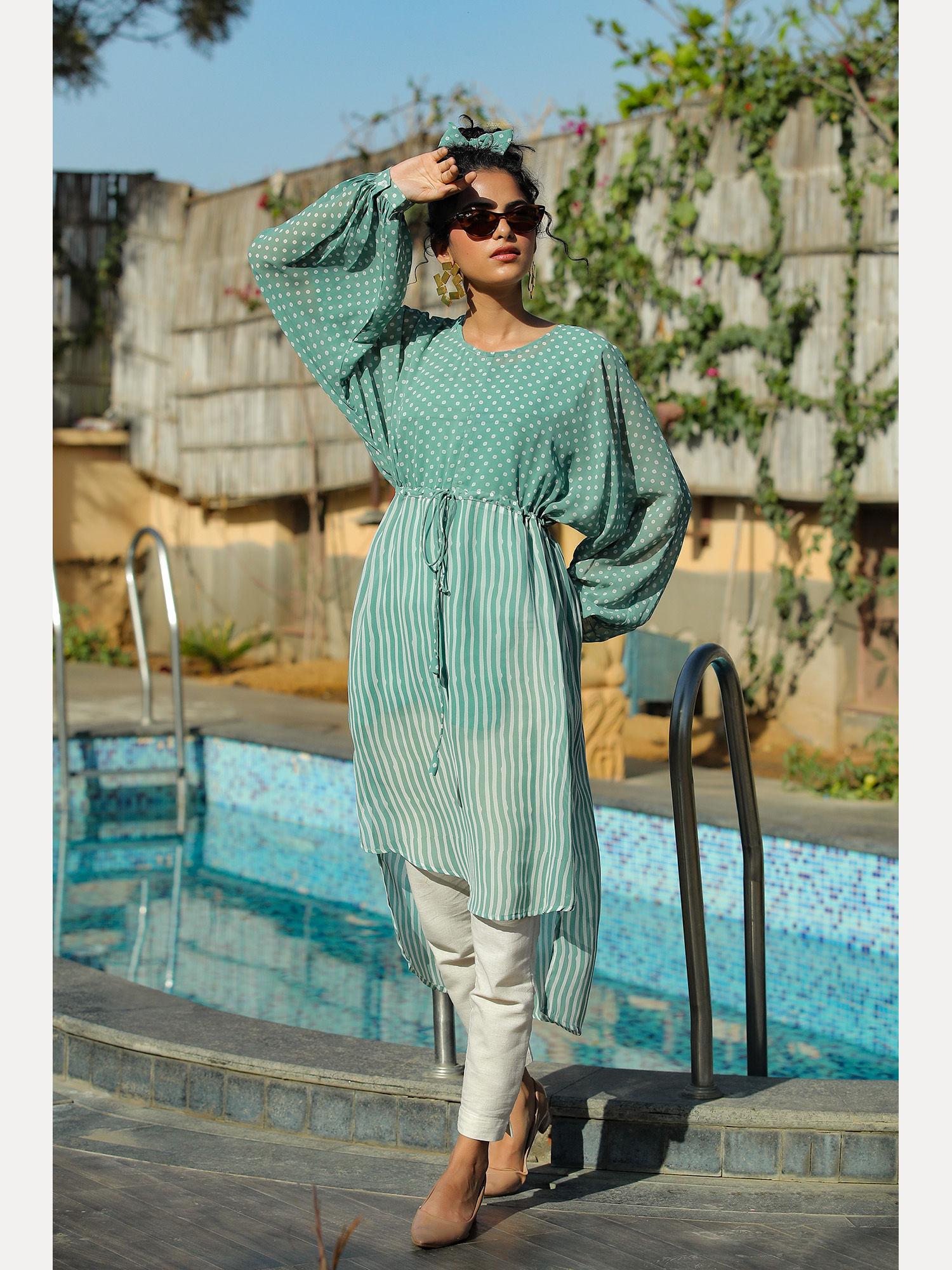 sage green stripes printed georgette high-low tunic & inner with drawstring at waist