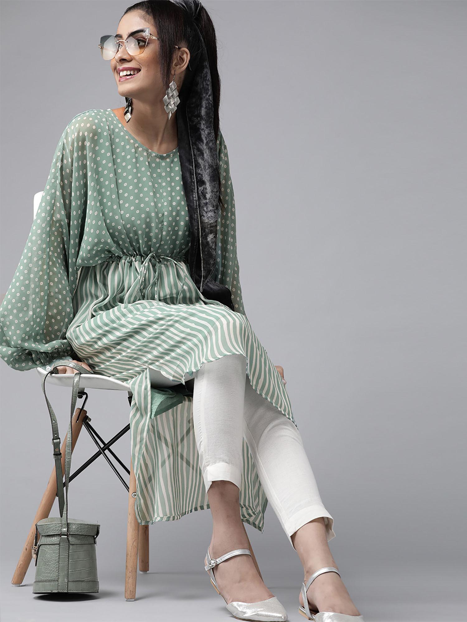 sage green stripes printed georgette high-low tunic & inner with drawstring at waist