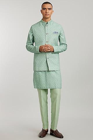 sage green textured cotton printed bundi jacket