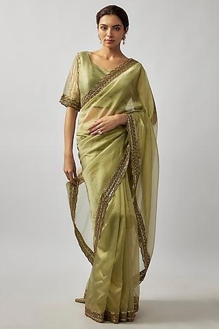 sage green tissue organza cutdana embroidered saree set