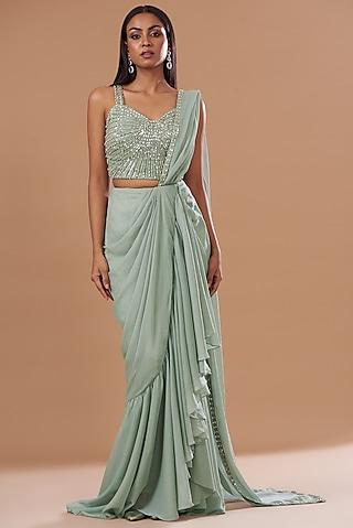 sage green wrinkle shimmer chiffon embroidered pre-draped saree set