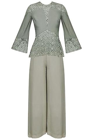 sage grey floral embroidered top and pants set