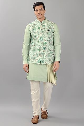 sage grey silk printed nehru jacket