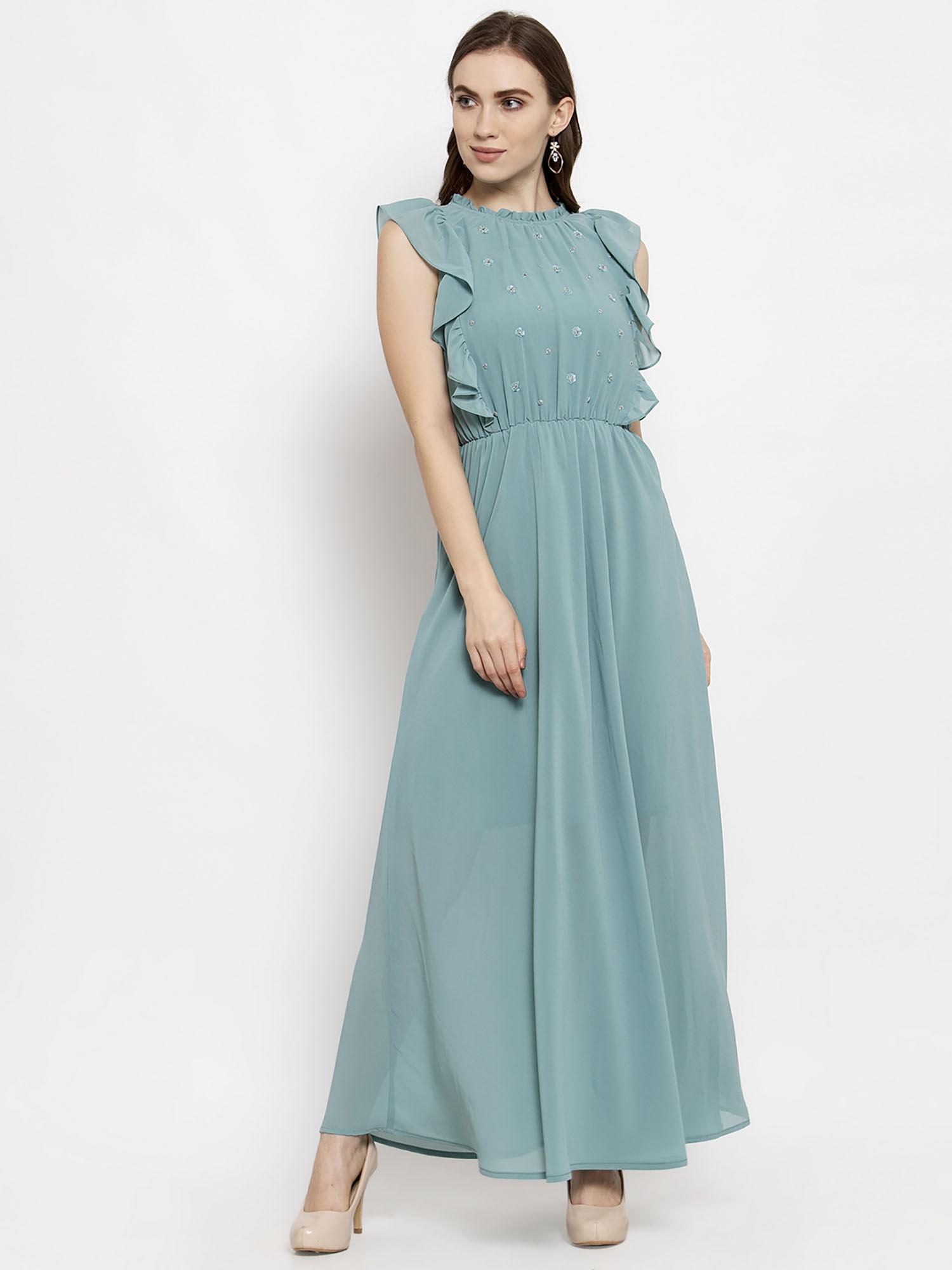 sage midi length round neck georgette dress